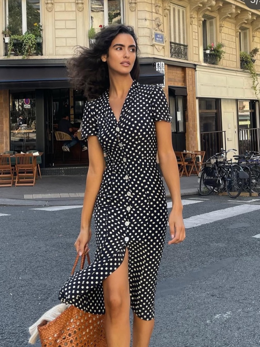 ROUJE Black & White Polka Dot Printed Retro Button Down Marin Midi Dress 36, 2/4